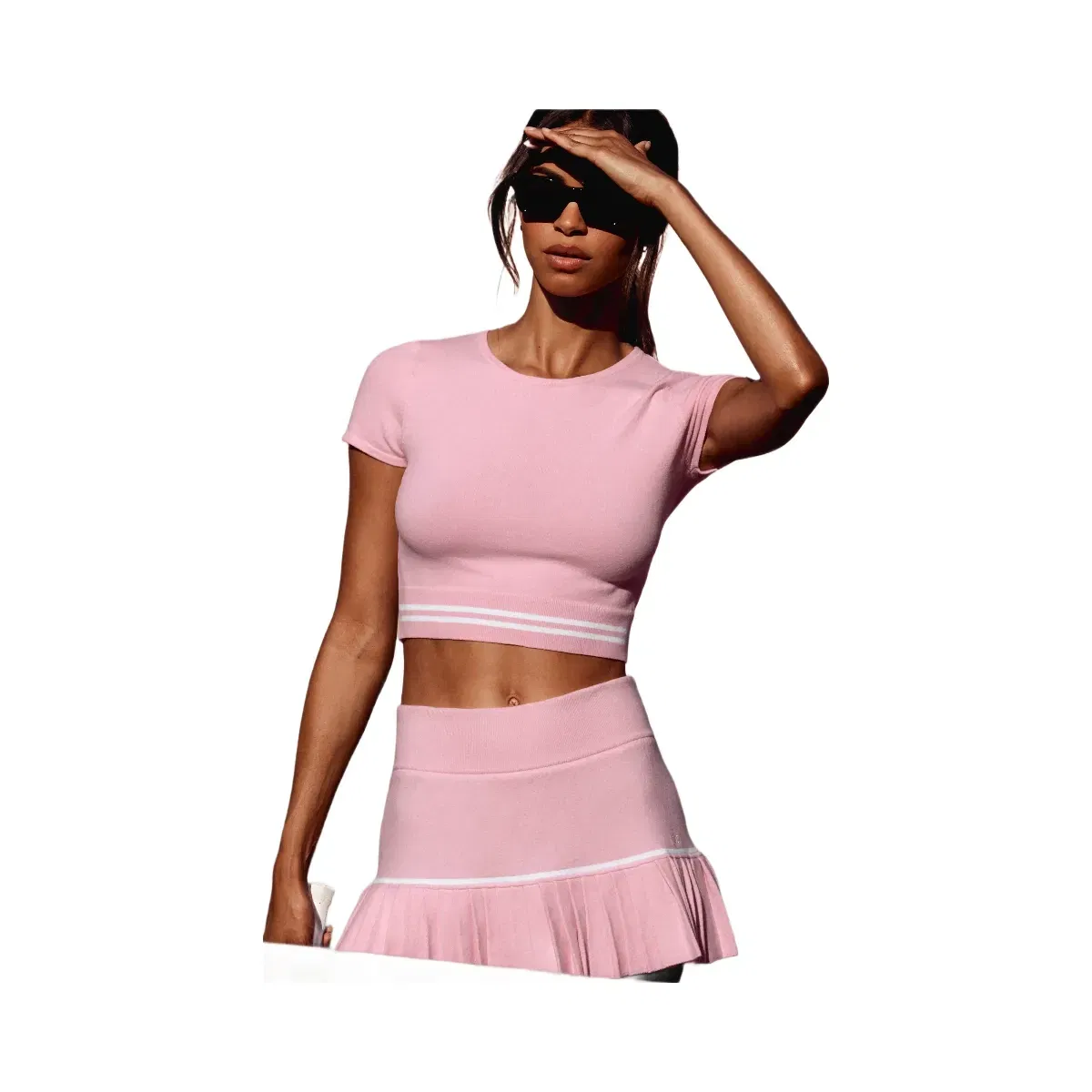 Alo Scholar Knit High Waist My Serve Tennis Skirt 'Pink Marshmallow/White'