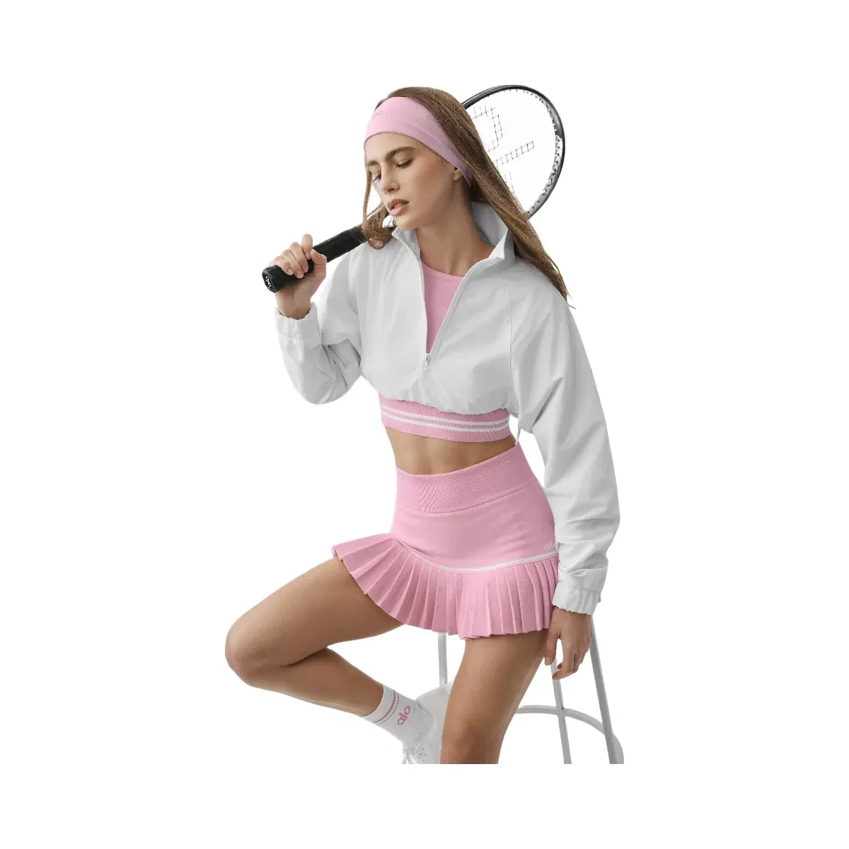 Alo Scholar Knit High Waist My Serve Tennis Skirt 'Pink Marshmallow/White'