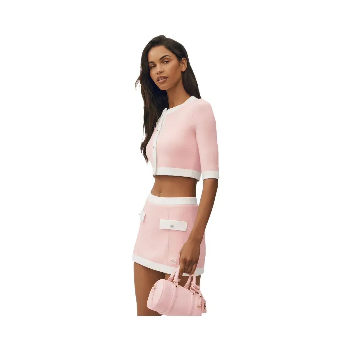 Alo Cotton Cashmere Cropped Capri Dream Cardigan 'Sundrenched Pink/White'