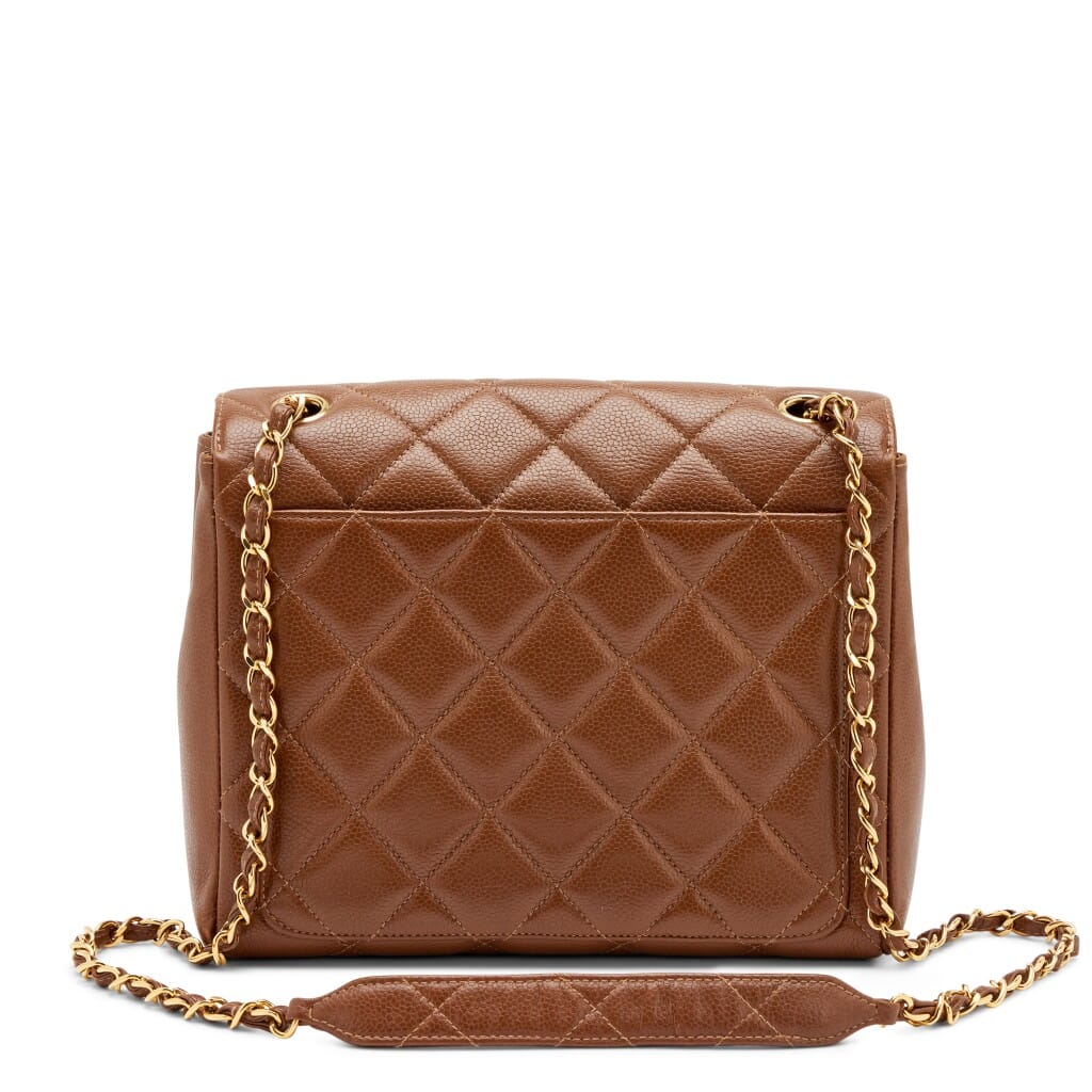 Vintage Caramel Brown Quilted Caviar Medium Square Flap Bag Gold Hardware, 1996-1997