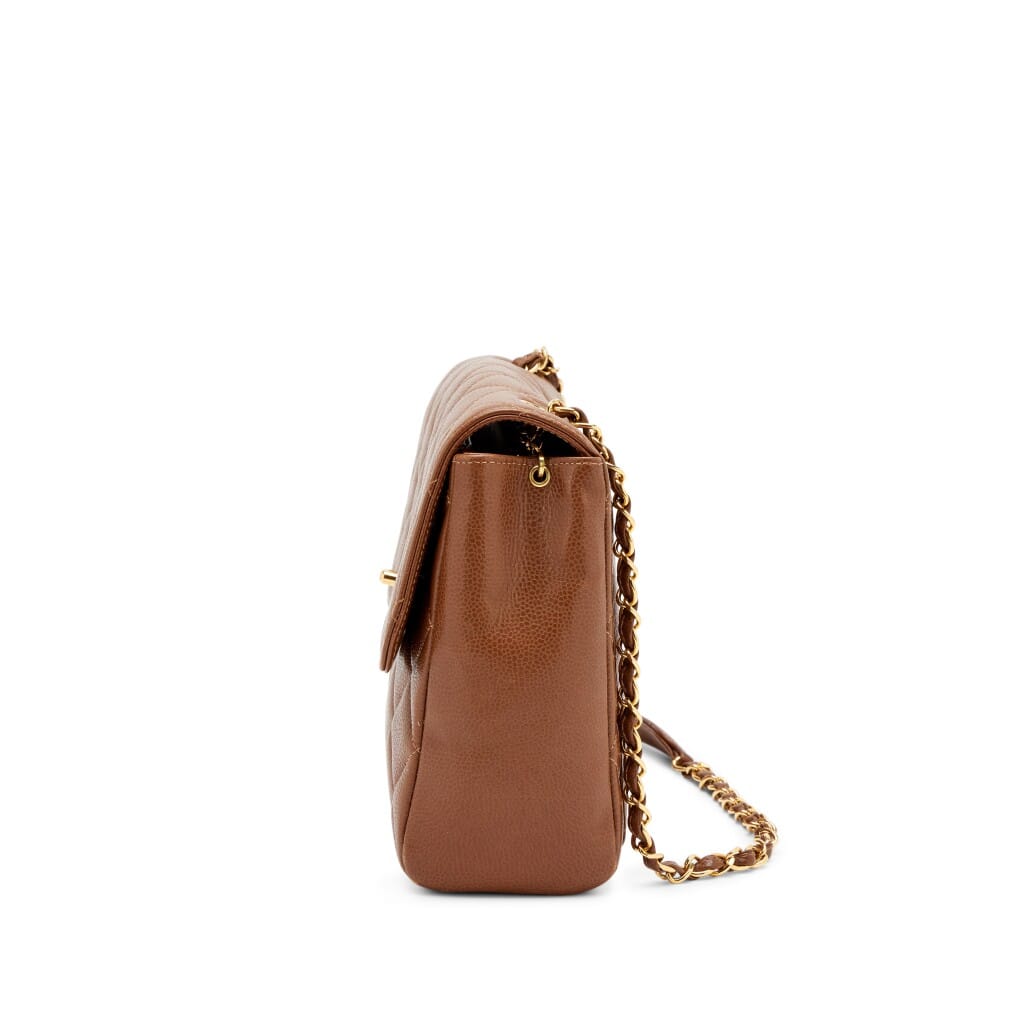 Vintage Caramel Brown Quilted Caviar Medium Square Flap Bag Gold Hardware, 1996-1997