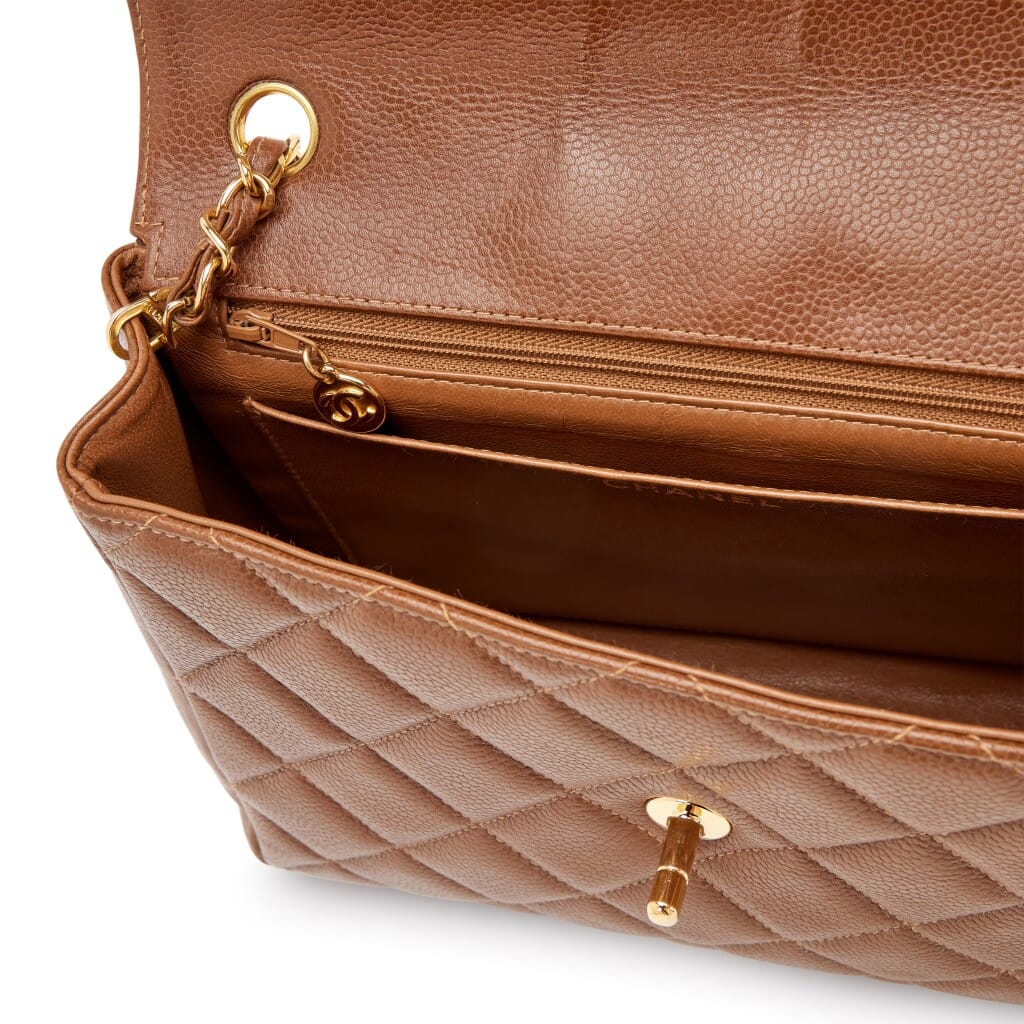 Vintage Caramel Brown Quilted Caviar Medium Square Flap Bag Gold Hardware, 1996-1997