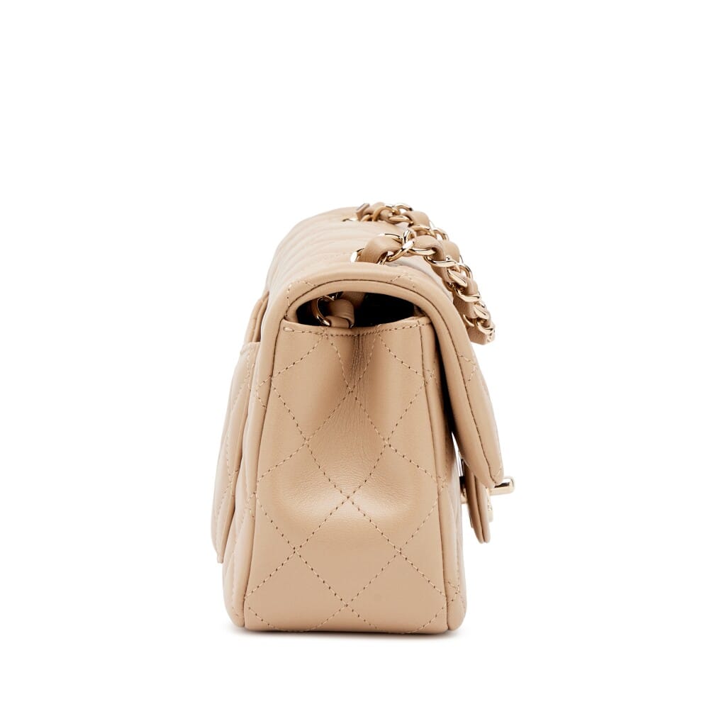 Dark Beige Milk Tea Quilted Lambskin Mini Rectangular Classic Flap Bag Light Gold Hardware, 2021