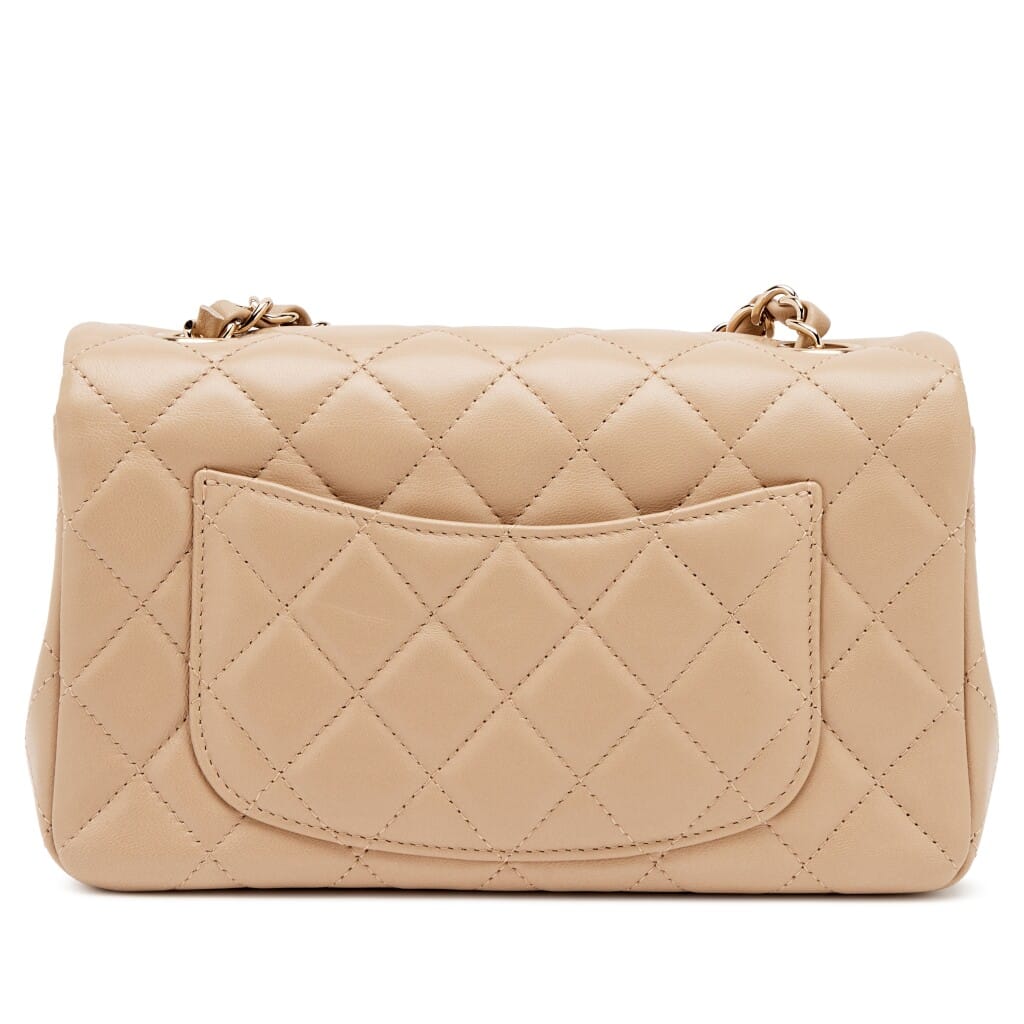 Dark Beige Milk Tea Quilted Lambskin Mini Rectangular Classic Flap Bag Light Gold Hardware, 2021