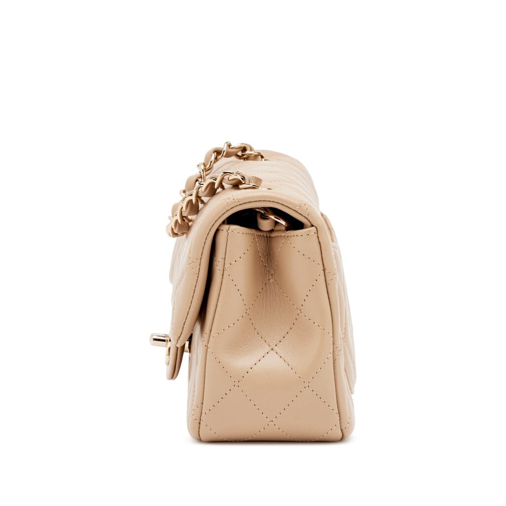 Dark Beige Milk Tea Quilted Lambskin Mini Rectangular Classic Flap Bag Light Gold Hardware, 2021