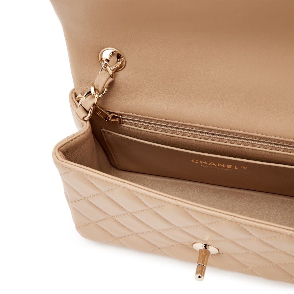 Dark Beige Milk Tea Quilted Lambskin Mini Rectangular Classic Flap Bag Light Gold Hardware, 2021