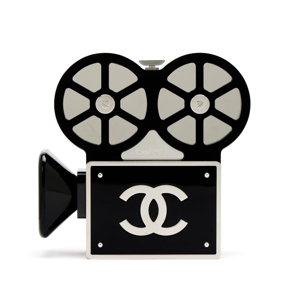 Black and Silver Lucite, Crystal and Metal Buonasera Movie Camera Paris-Rome Metiers D'Art Minaudière Silver Hardware, 2016