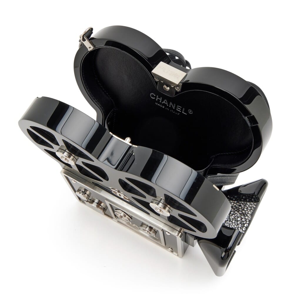 Black and Silver Lucite, Crystal and Metal Buonasera Movie Camera Paris-Rome Metiers D'Art Minaudière Silver Hardware, 2016
