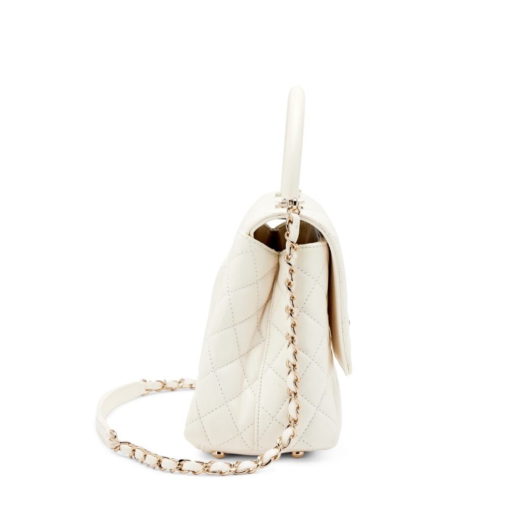 White Quilted Caviar Small Coco Top Handle Light Gold Hardware, 2022