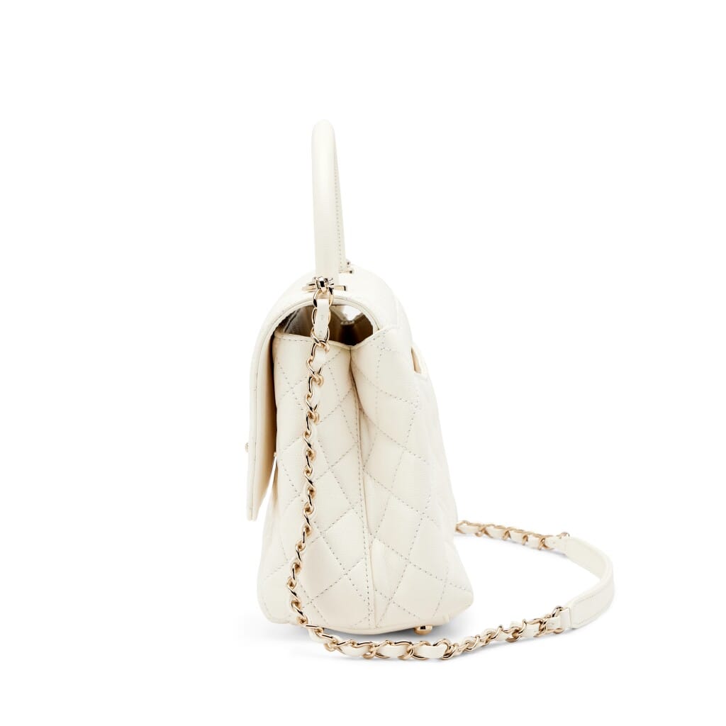 White Quilted Caviar Small Coco Top Handle Light Gold Hardware, 2022