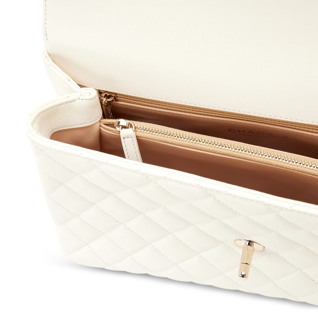 White Quilted Caviar Small Coco Top Handle Light Gold Hardware, 2022