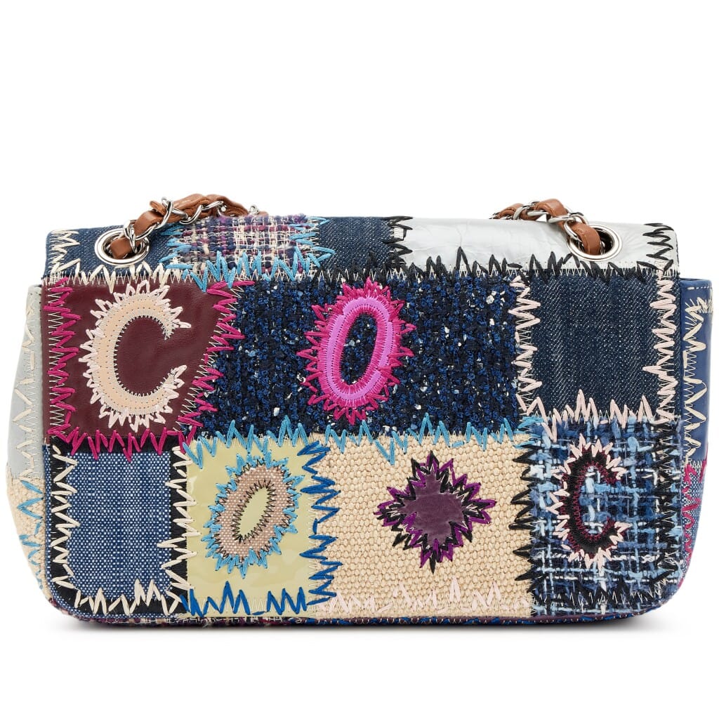 Blue, Purple, and Beige Denim and Leather Patchwork Medium Classic Single Flap Bag Silver Hardware, 2012