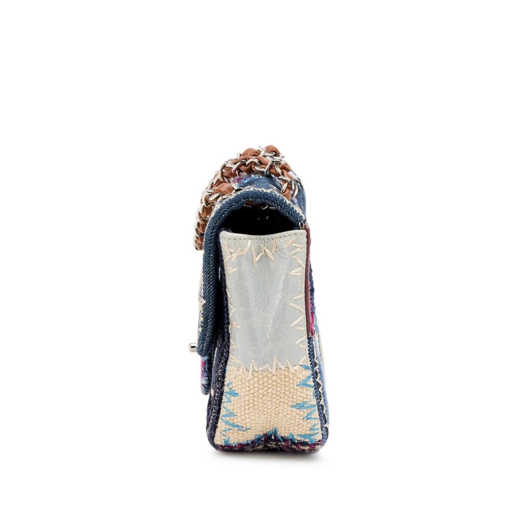 Blue, Purple, and Beige Denim and Leather Patchwork Medium Classic Single Flap Bag Silver Hardware, 2012