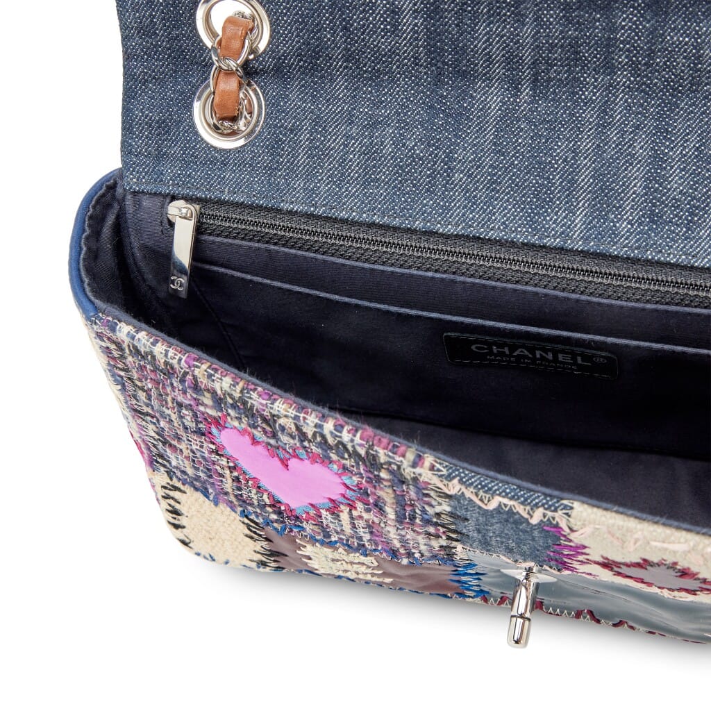 Blue, Purple, and Beige Denim and Leather Patchwork Medium Classic Single Flap Bag Silver Hardware, 2012