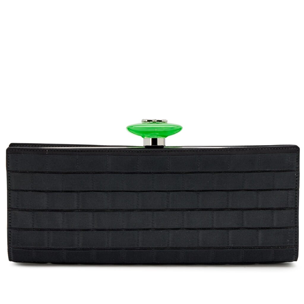 Black Chocolate Bar Quilted Satin Perfume Bottle Strass CC Resin Top Clutch Silver Hardware, 2009-2010