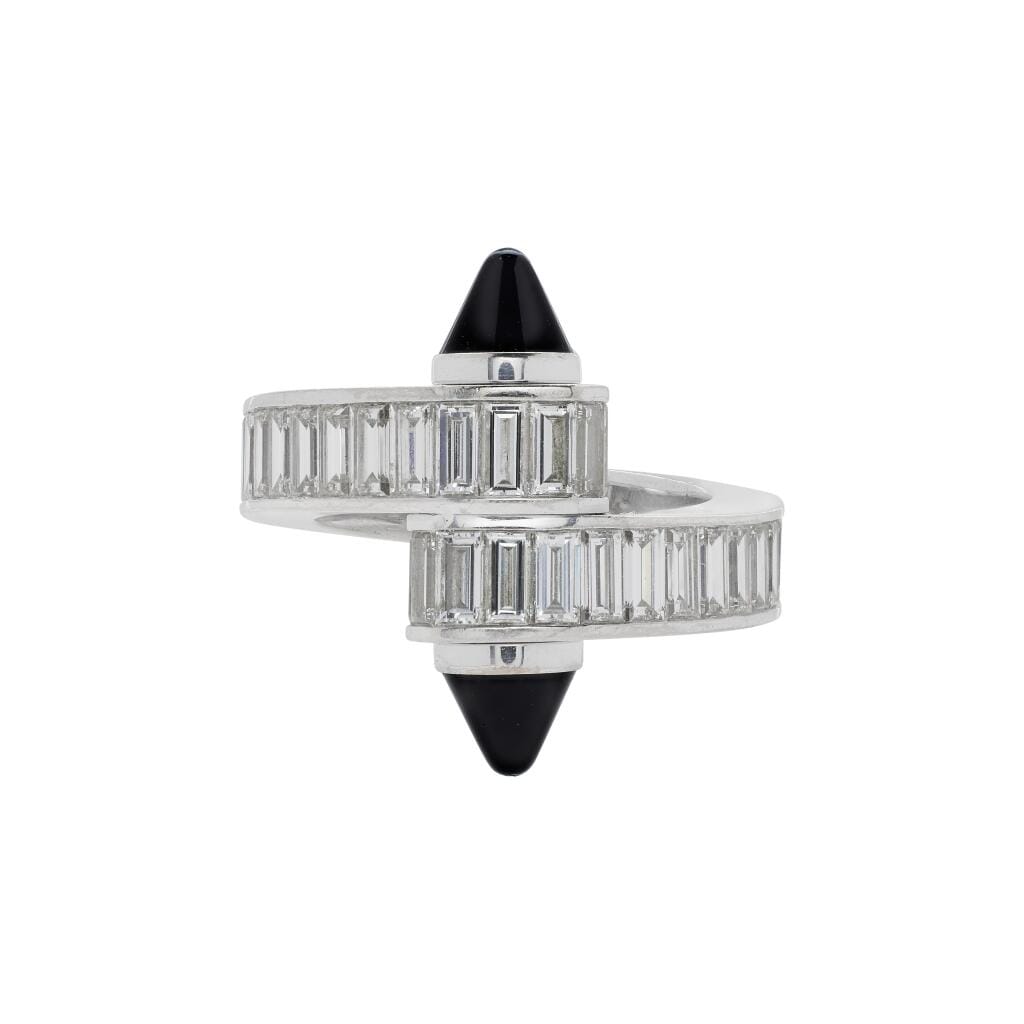 White Gold, Onyx and Diamond Menotte Crossover Ring