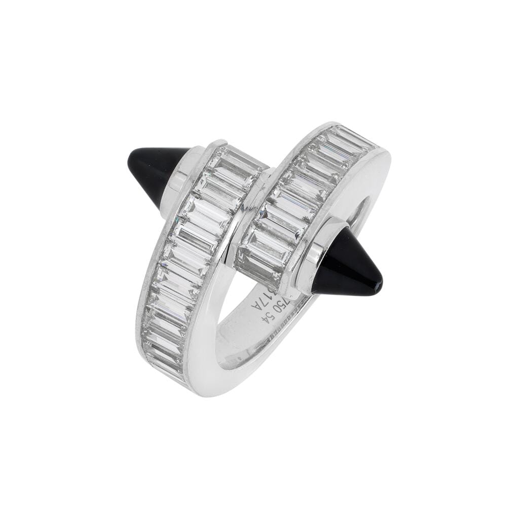 White Gold, Onyx and Diamond Menotte Crossover Ring