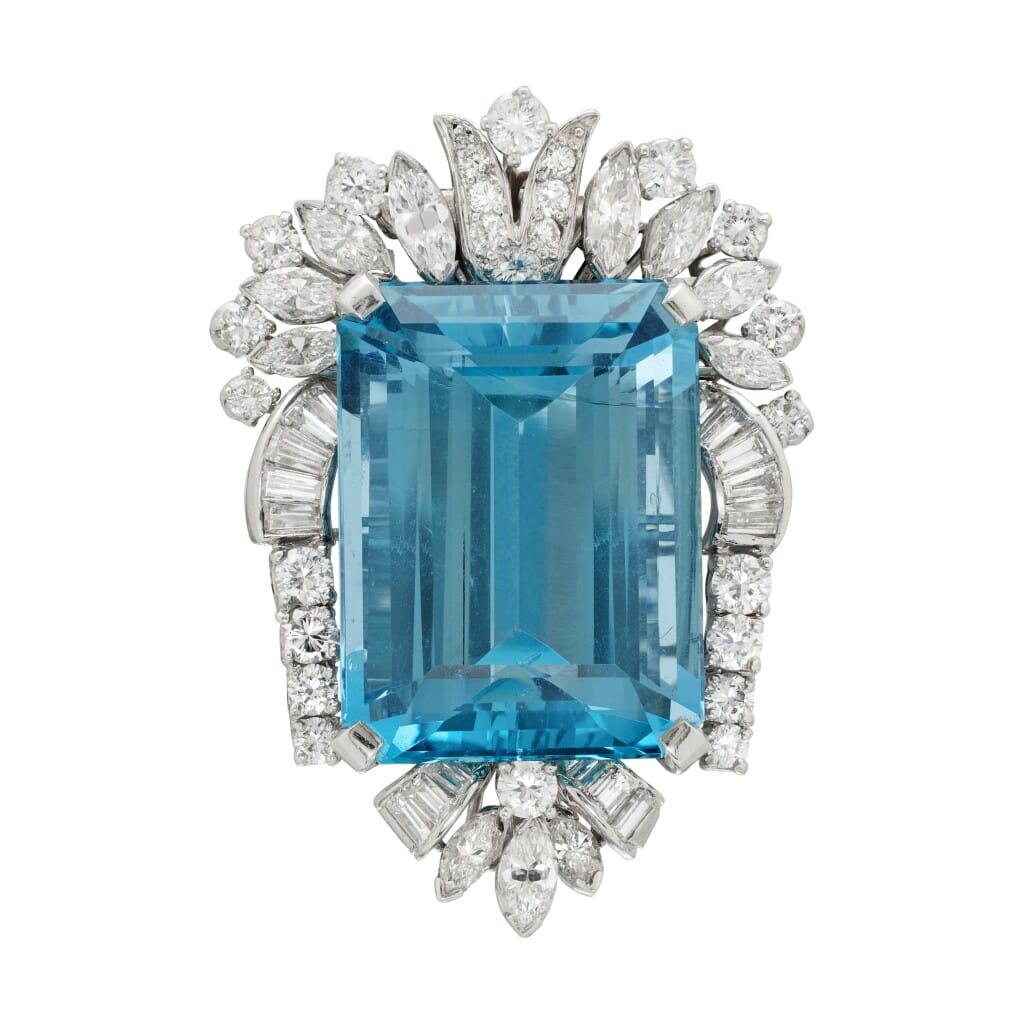 Vintage Platinum, 27.00ct Aquamarine and Diamond Brooch