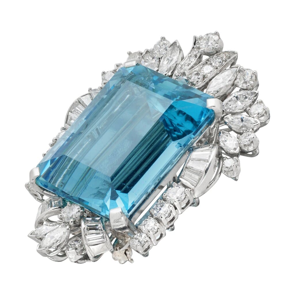 Vintage Platinum, 27.00ct Aquamarine and Diamond Brooch