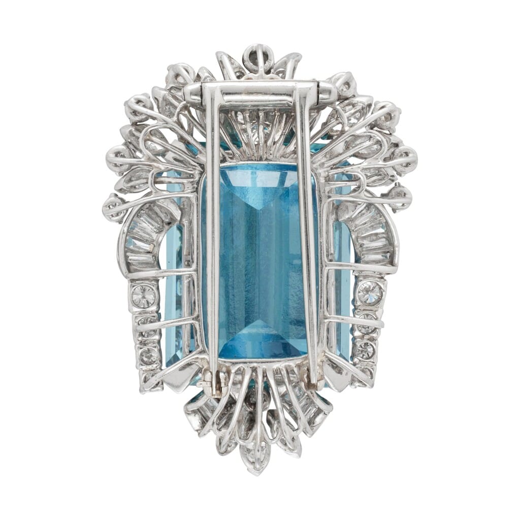 Vintage Platinum, 27.00ct Aquamarine and Diamond Brooch