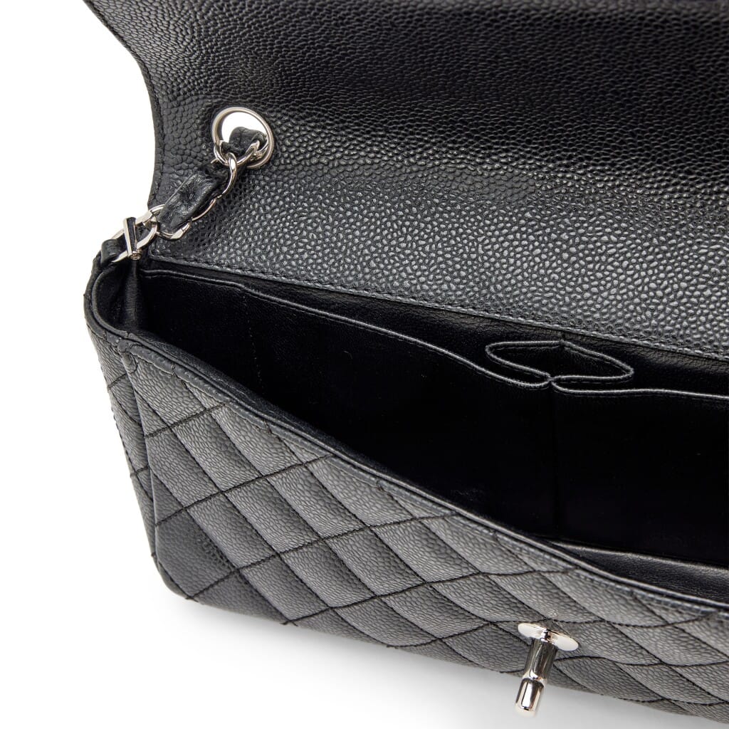 Black Quilted Caviar East West Classic Flap Bag Silver Hardware, 2006
