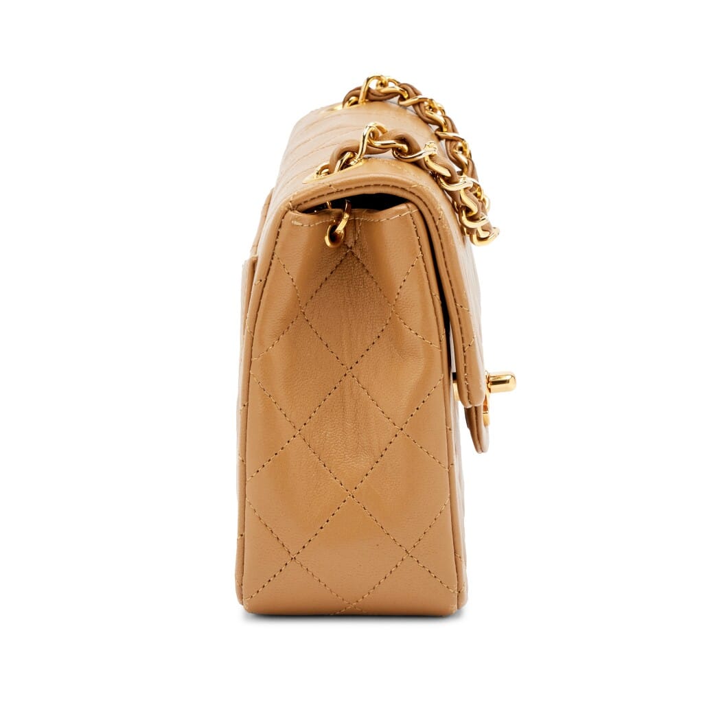 Vintage Camel Beige Quilted Lambskin Mini Square Flap Bag Gold Hardware, 1989-1991