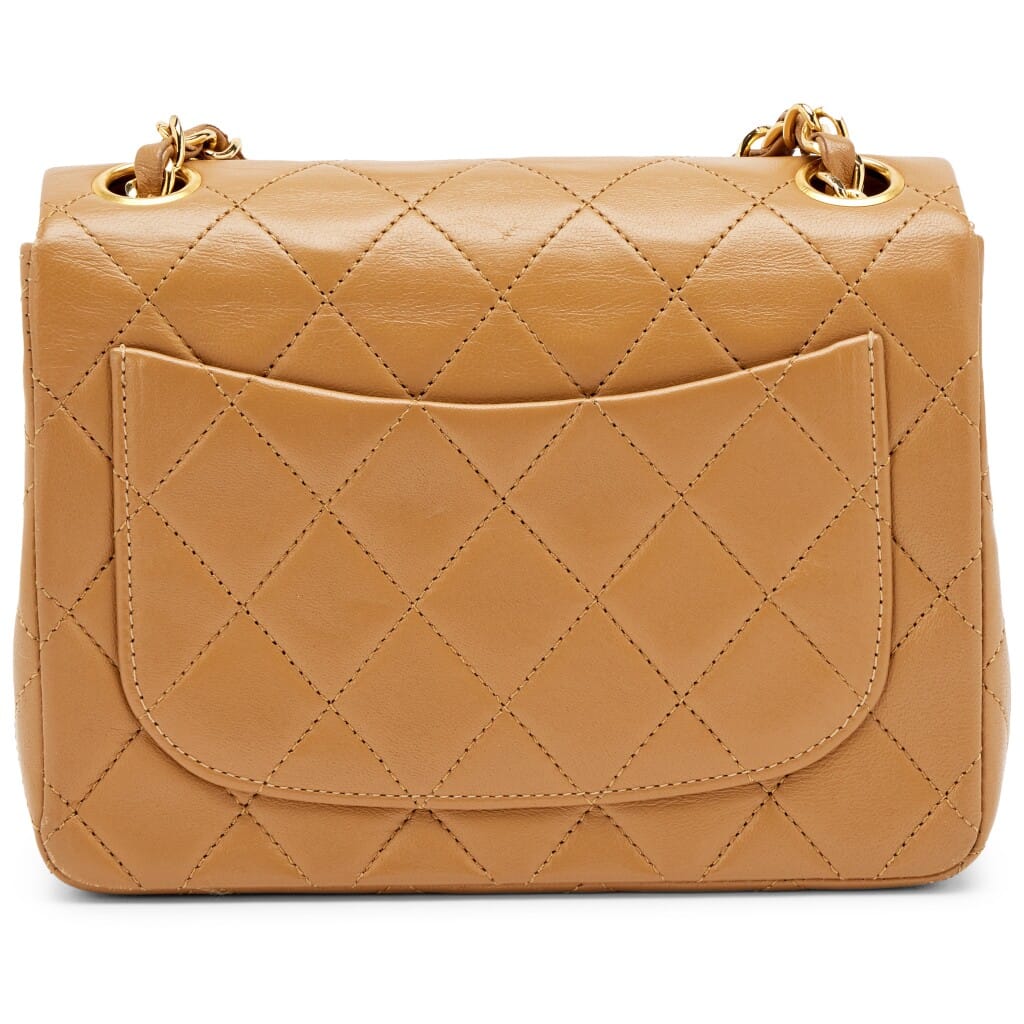 Vintage Camel Beige Quilted Lambskin Mini Square Flap Bag Gold Hardware, 1989-1991