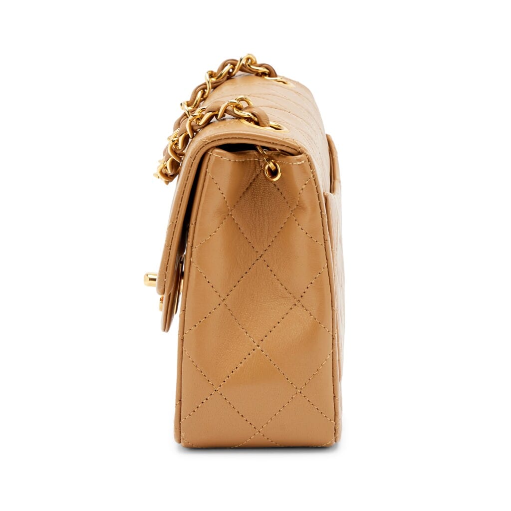 Vintage Camel Beige Quilted Lambskin Mini Square Flap Bag Gold Hardware, 1989-1991