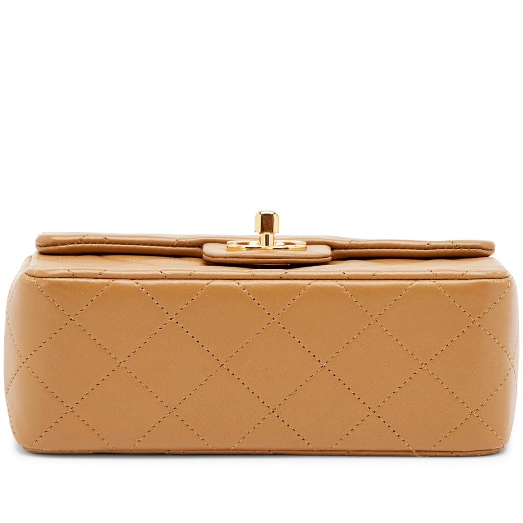 Vintage Camel Beige Quilted Lambskin Mini Square Flap Bag Gold Hardware, 1989-1991