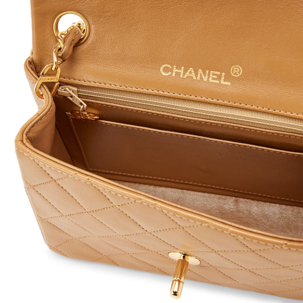 Vintage Camel Beige Quilted Lambskin Mini Square Flap Bag Gold Hardware, 1989-1991