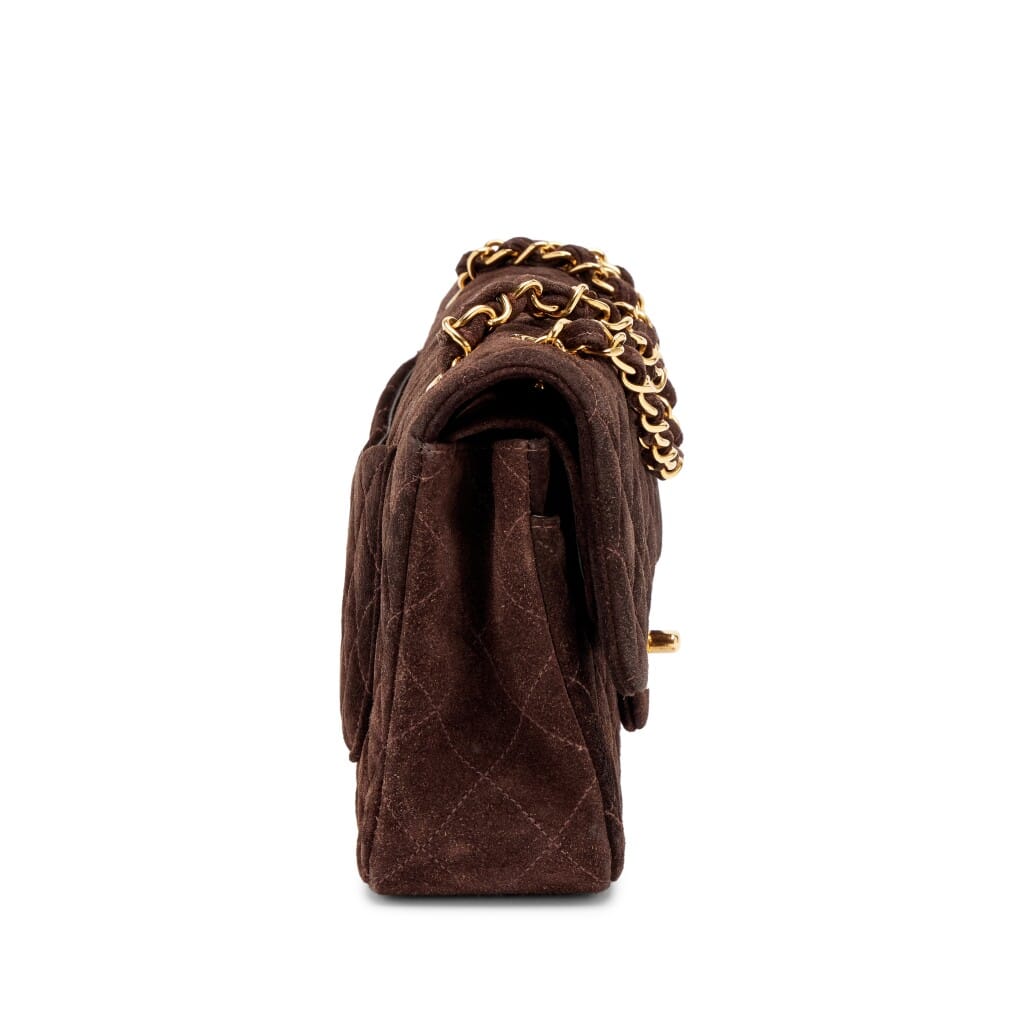 Vintage Chocolate Brown Quilted Suede Small Classic Double Flap Bag Gold Hardware, 1994-1996