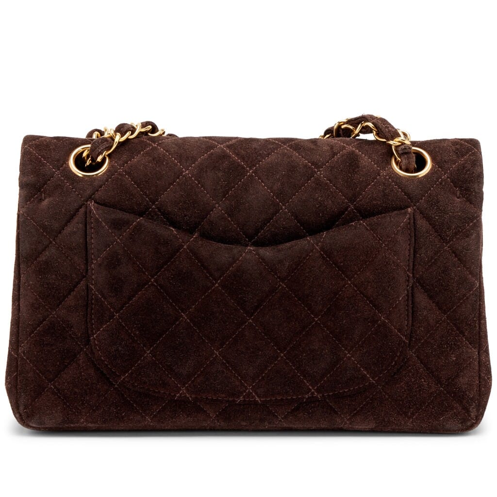 Vintage Chocolate Brown Quilted Suede Small Classic Double Flap Bag Gold Hardware, 1994-1996