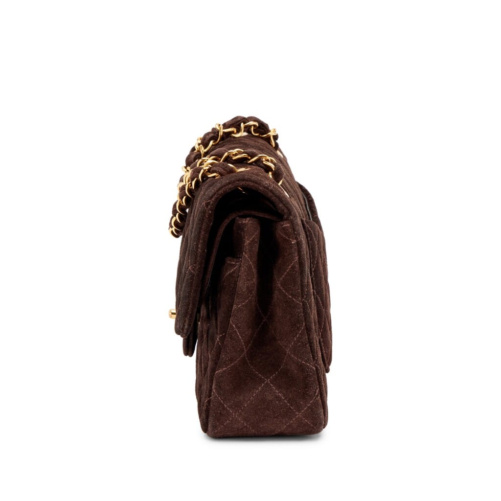 Vintage Chocolate Brown Quilted Suede Small Classic Double Flap Bag Gold Hardware, 1994-1996