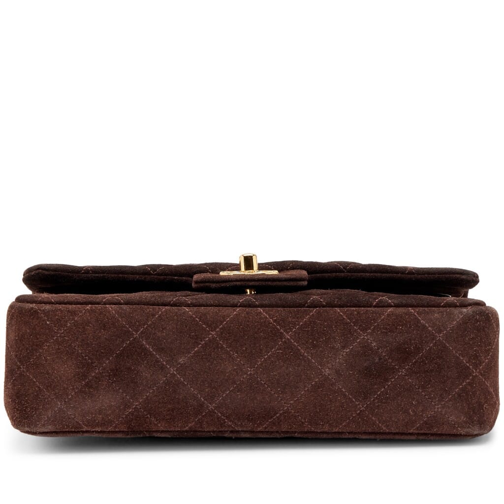 Vintage Chocolate Brown Quilted Suede Small Classic Double Flap Bag Gold Hardware, 1994-1996