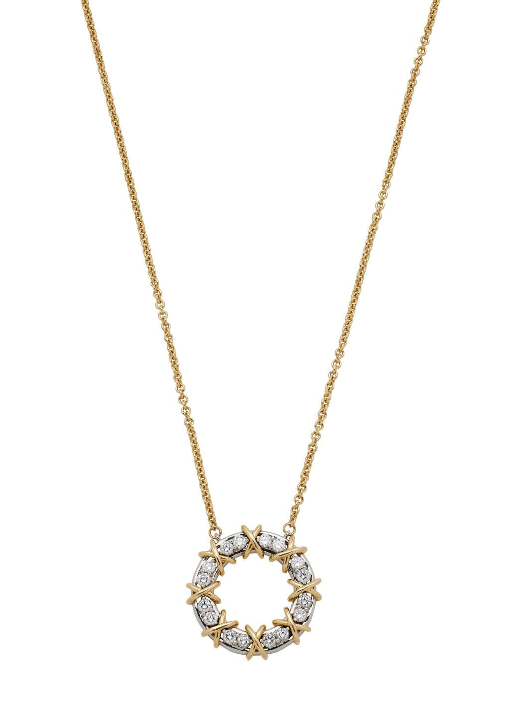 Platinum, Gold and Diamond Sixteen Stone Circle Pendant Necklace