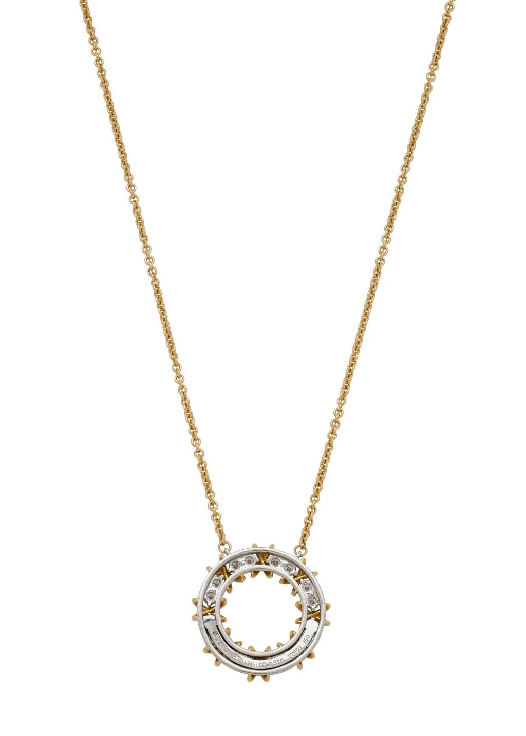 Platinum, Gold and Diamond Sixteen Stone Circle Pendant Necklace