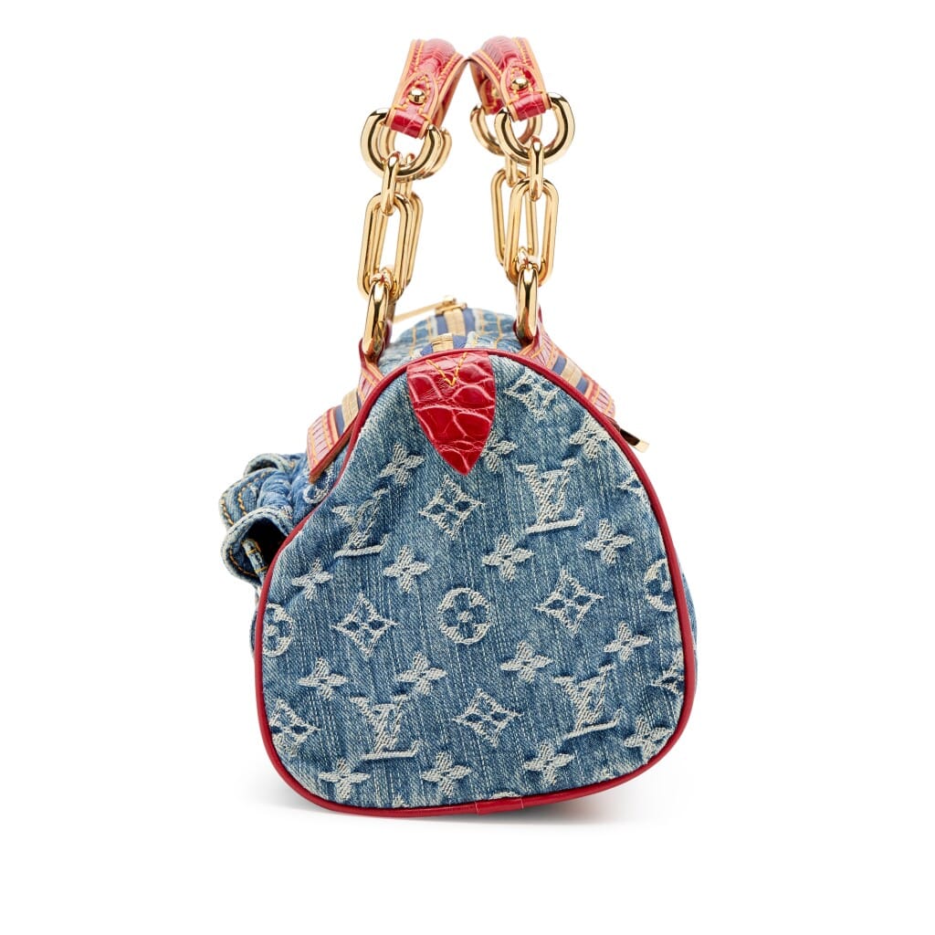 Blue Monogram Denim and Red Alligator Neo Speedy Bag Gold Hardware, 2005