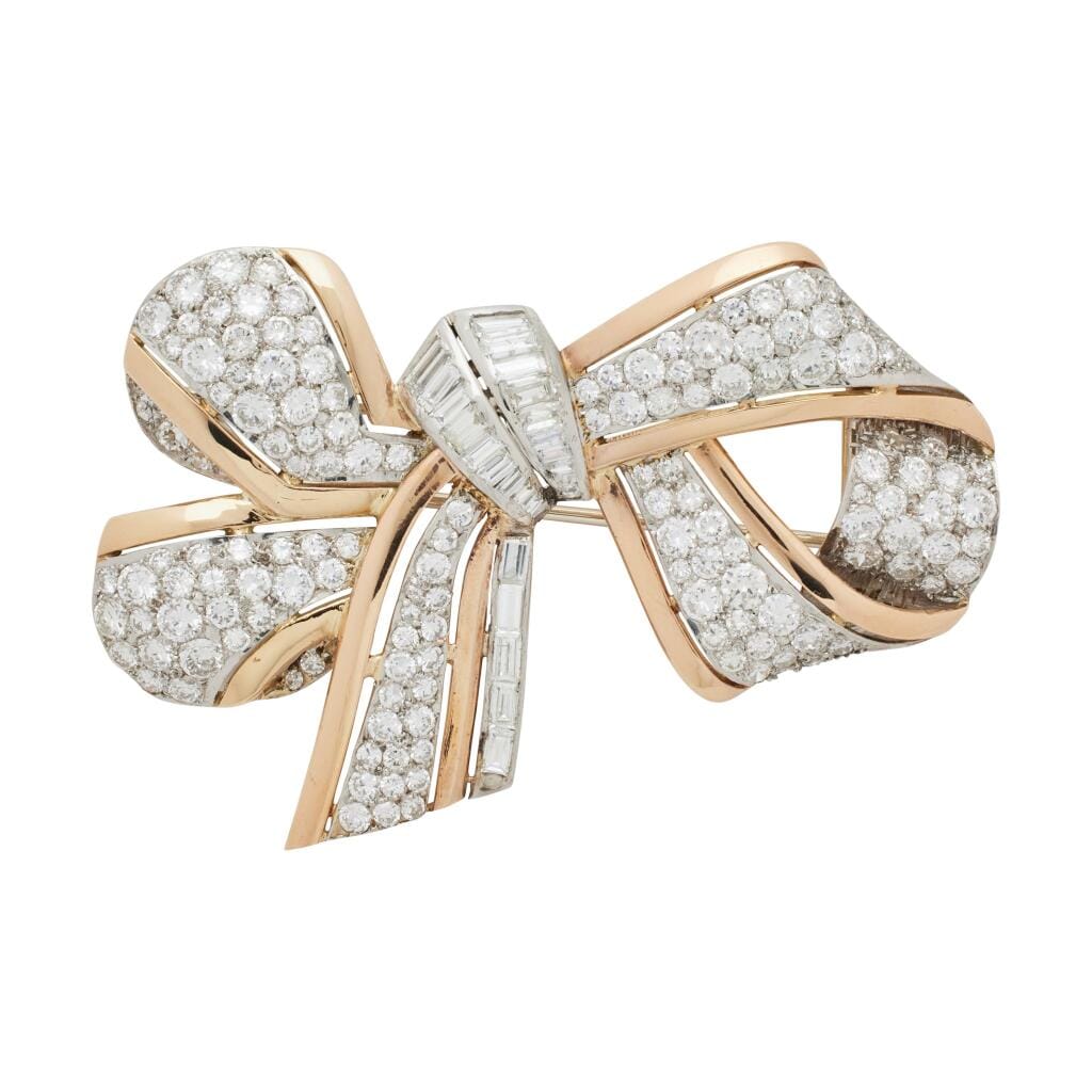 Vintage Platinum, Rose Gold and Diamond Bow Brooch