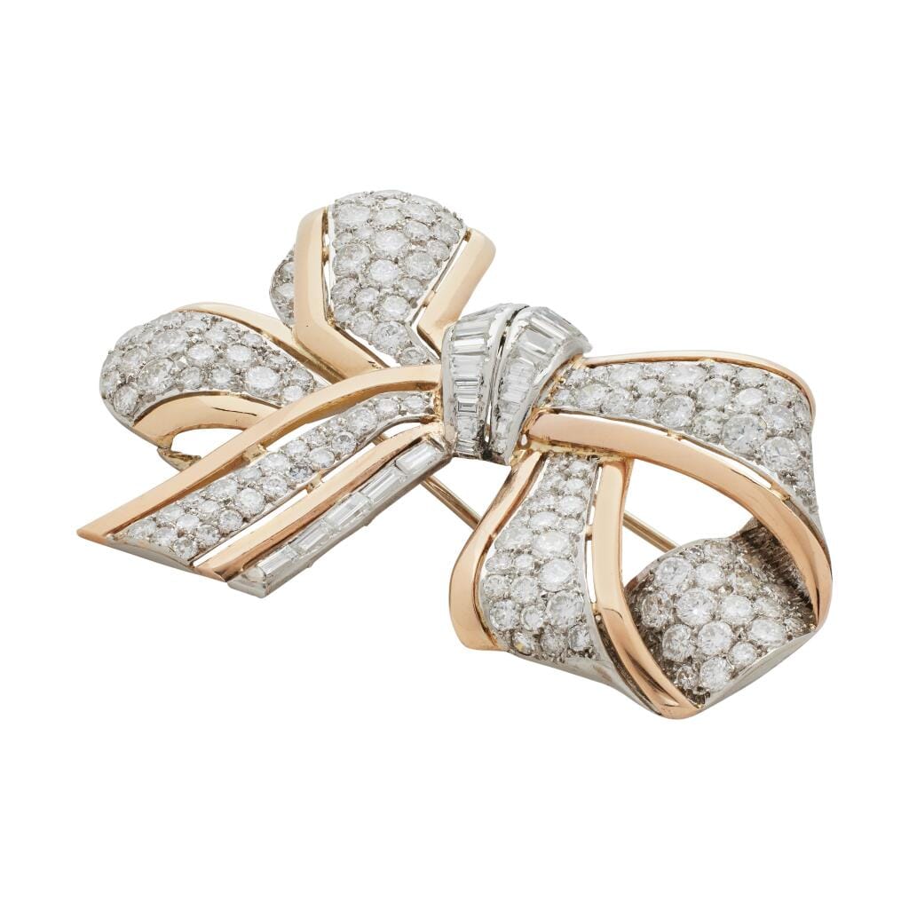 Vintage Platinum, Rose Gold and Diamond Bow Brooch