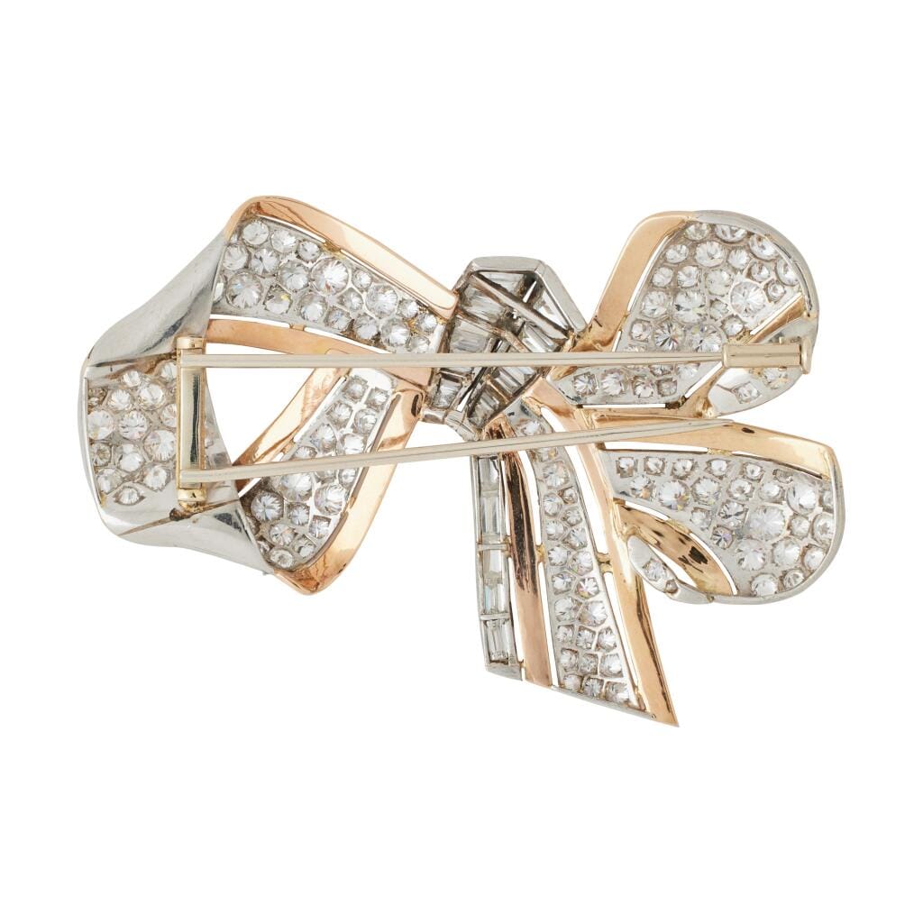 Vintage Platinum, Rose Gold and Diamond Bow Brooch