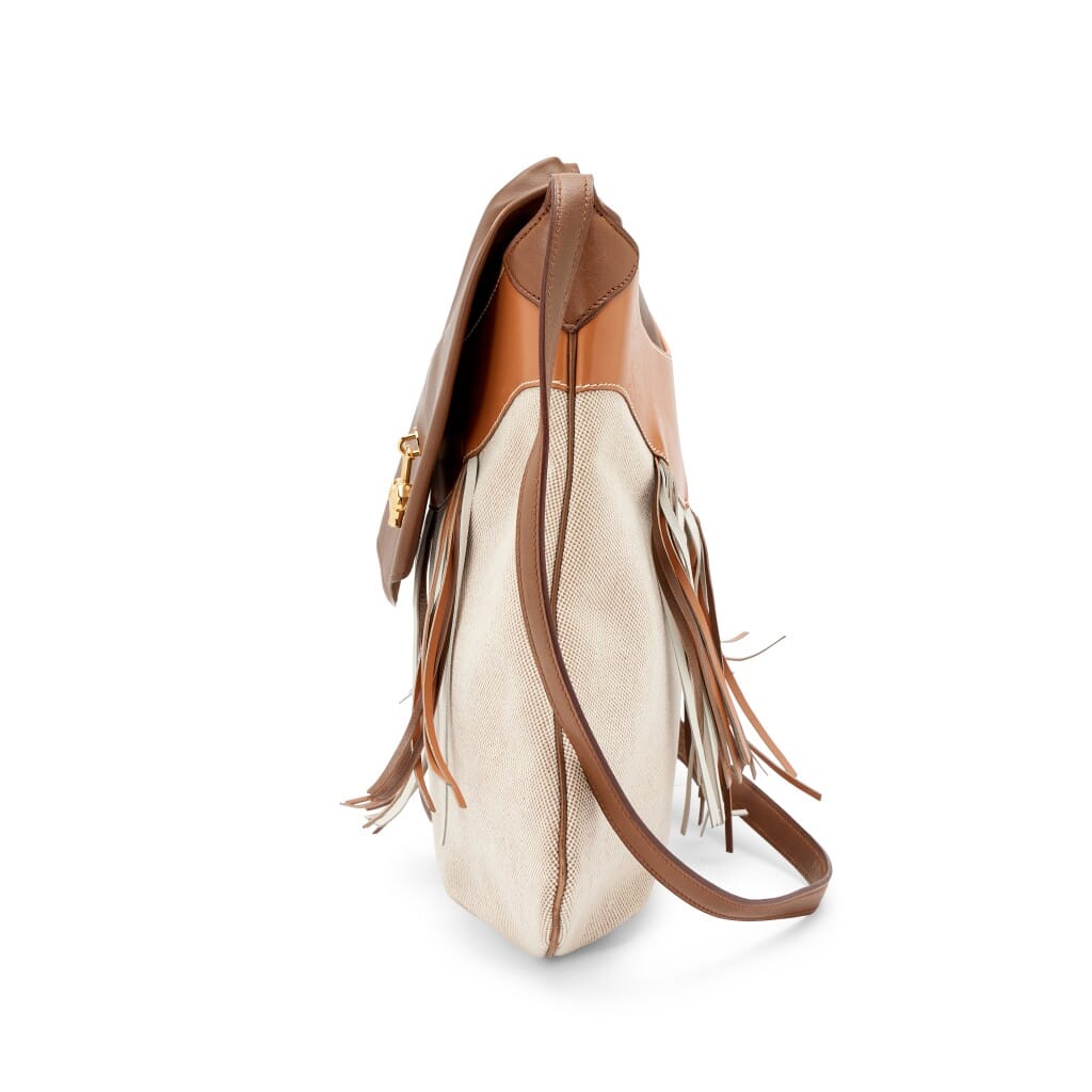 Vintage Gold Havane Box Calf Toile H Canvas Sac Symbiose Sumo Fringe Bag with Pagase Charm Gold Hardware, 1988