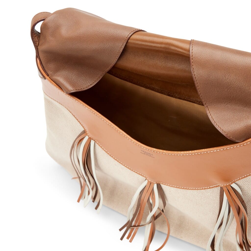 Vintage Gold Havane Box Calf Toile H Canvas Sac Symbiose Sumo Fringe Bag with Pagase Charm Gold Hardware, 1988