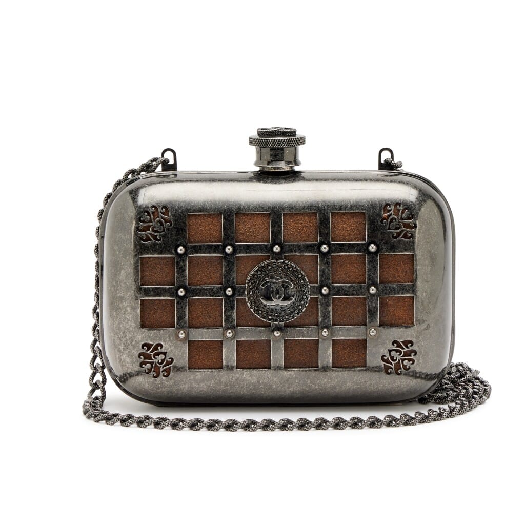 Grey Gunmetal Paris-Edinburgh Mini Grid Cage Minaudière Clutch Ruthenium Hardware, 2013