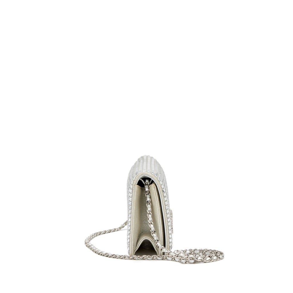 Metallic Goatskin Paris Dubai Baguette Strass Crystals Chain Evening Clutch Flap Bag Silver Hardware, 2015