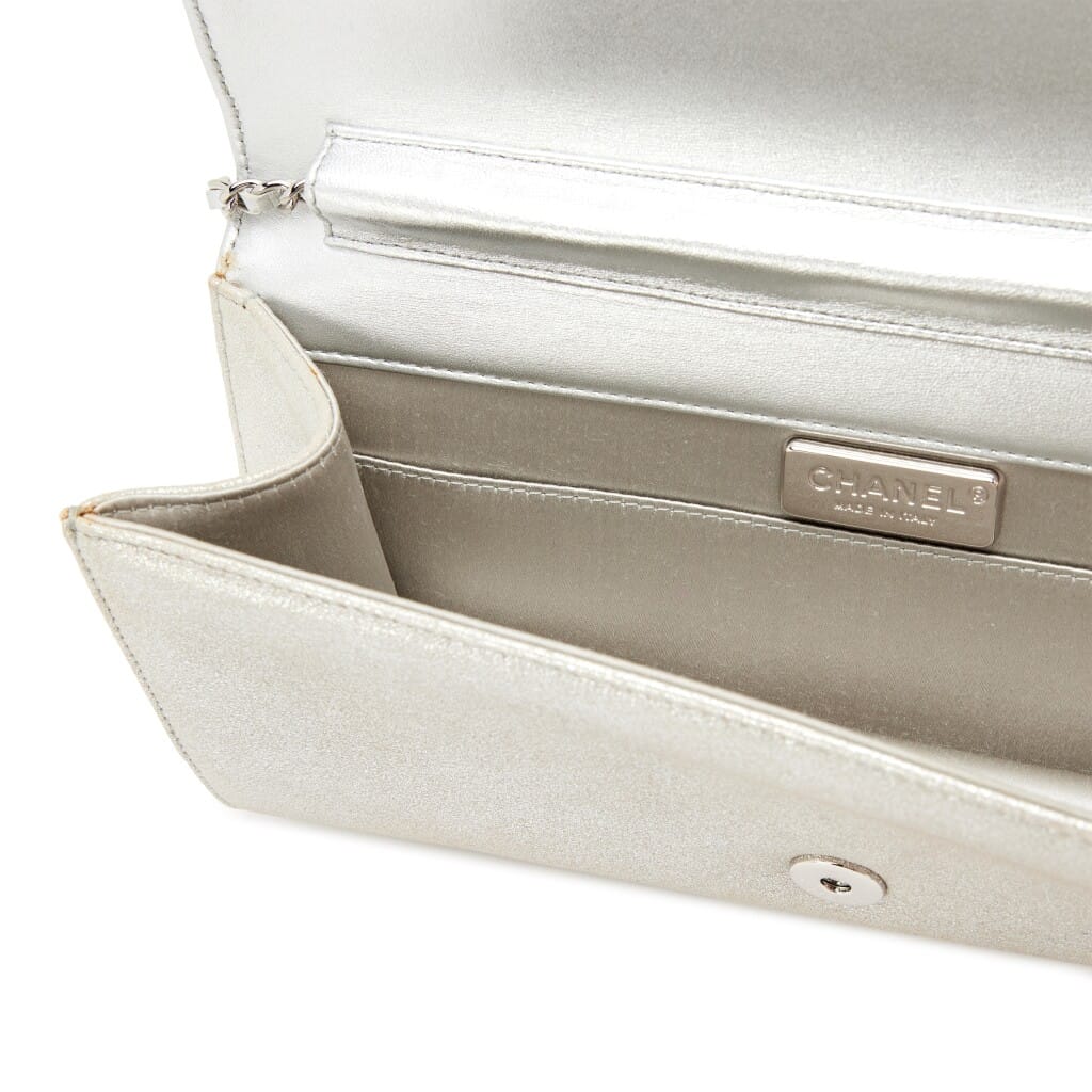 Metallic Goatskin Paris Dubai Baguette Strass Crystals Chain Evening Clutch Flap Bag Silver Hardware, 2015
