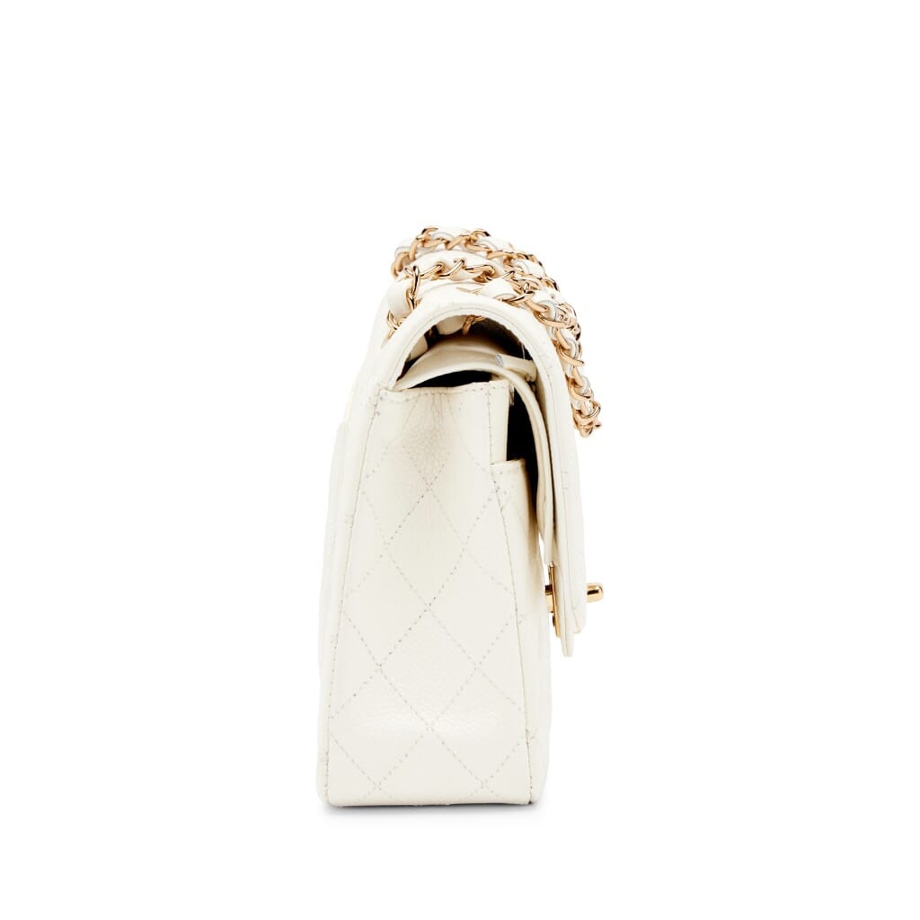 Cream White Quilted Caviar Medium Classic Double Flap Bag Gold Hardware, 2004-2005