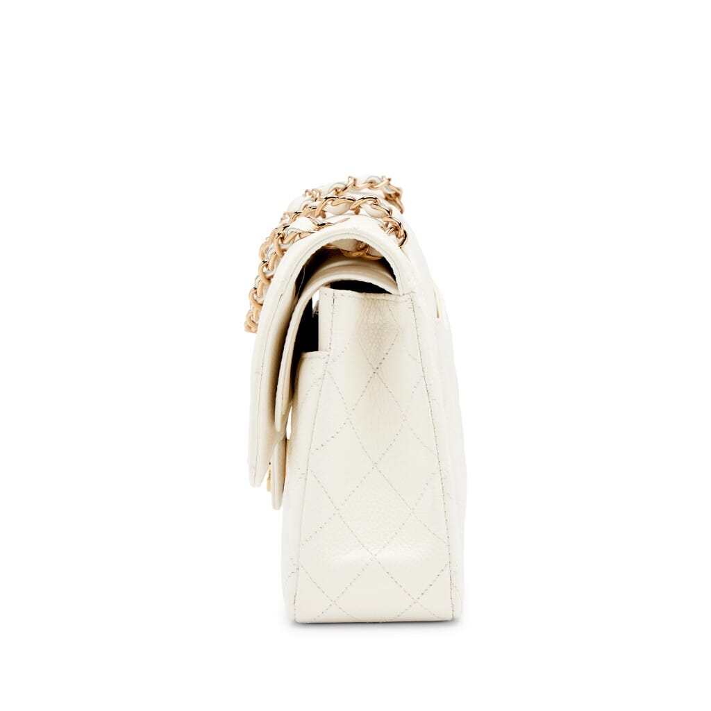 Cream White Quilted Caviar Medium Classic Double Flap Bag Gold Hardware, 2004-2005