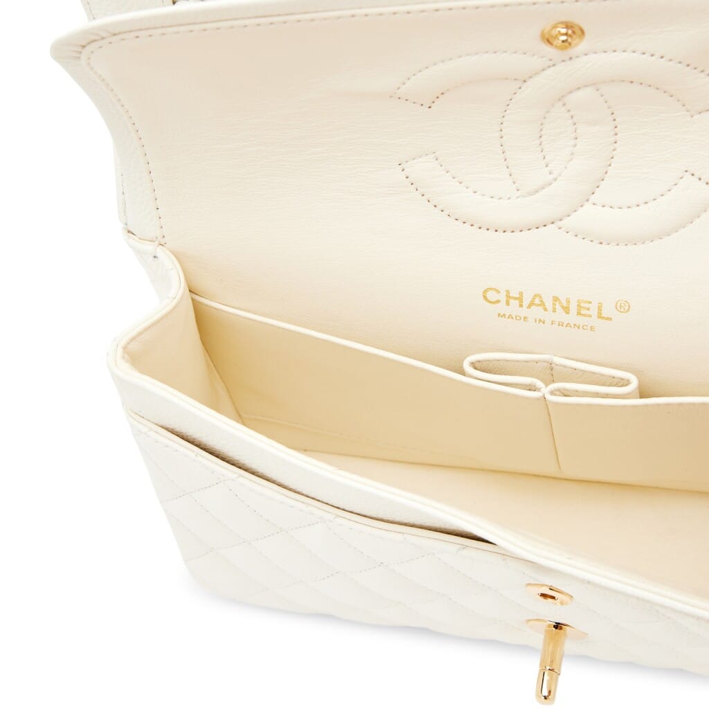Cream White Quilted Caviar Medium Classic Double Flap Bag Gold Hardware, 2004-2005