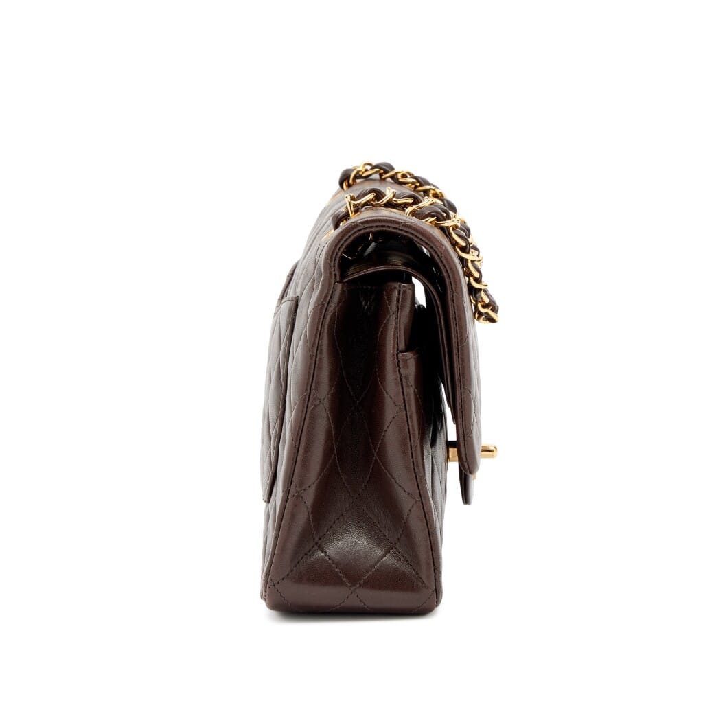 Vintage Chocolate Brown Quilted Lambskin Classic Medium Double Flap Bag Gold Hardware, 1996-1997