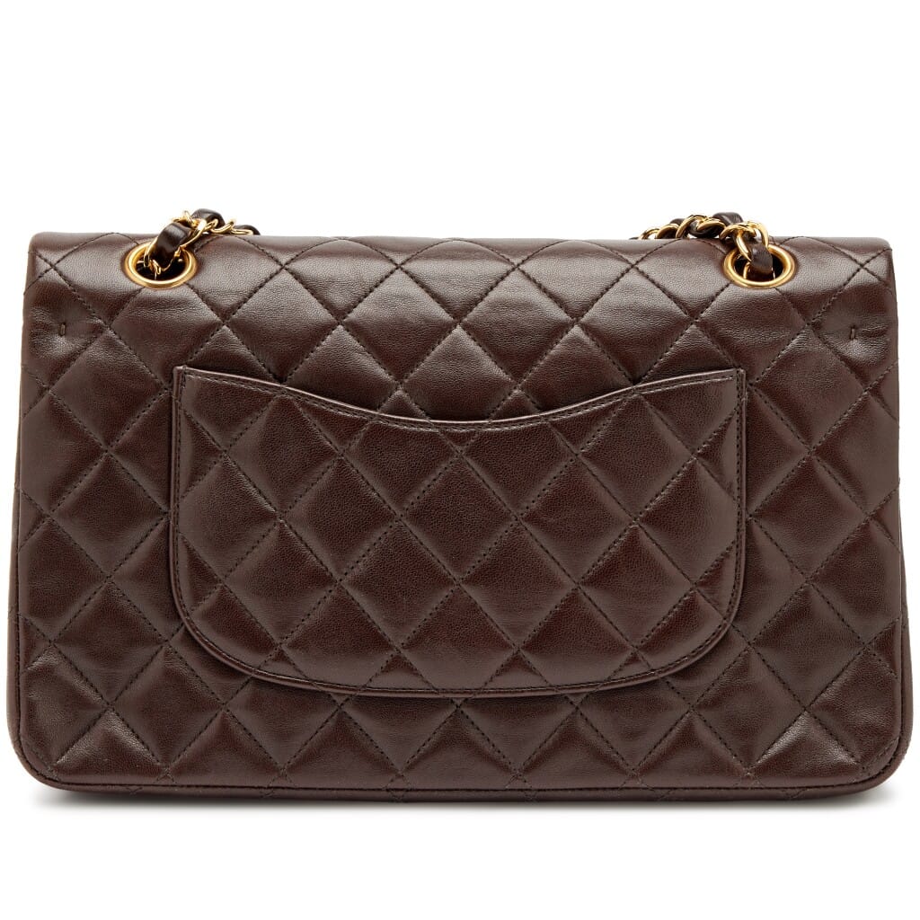 Vintage Chocolate Brown Quilted Lambskin Classic Medium Double Flap Bag Gold Hardware, 1996-1997